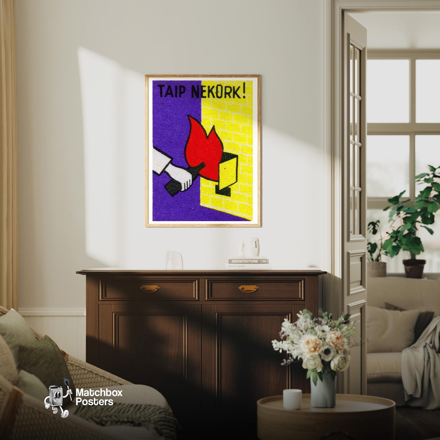 Don't Burn Bottles - vintage matchbox label print - living room mockup
