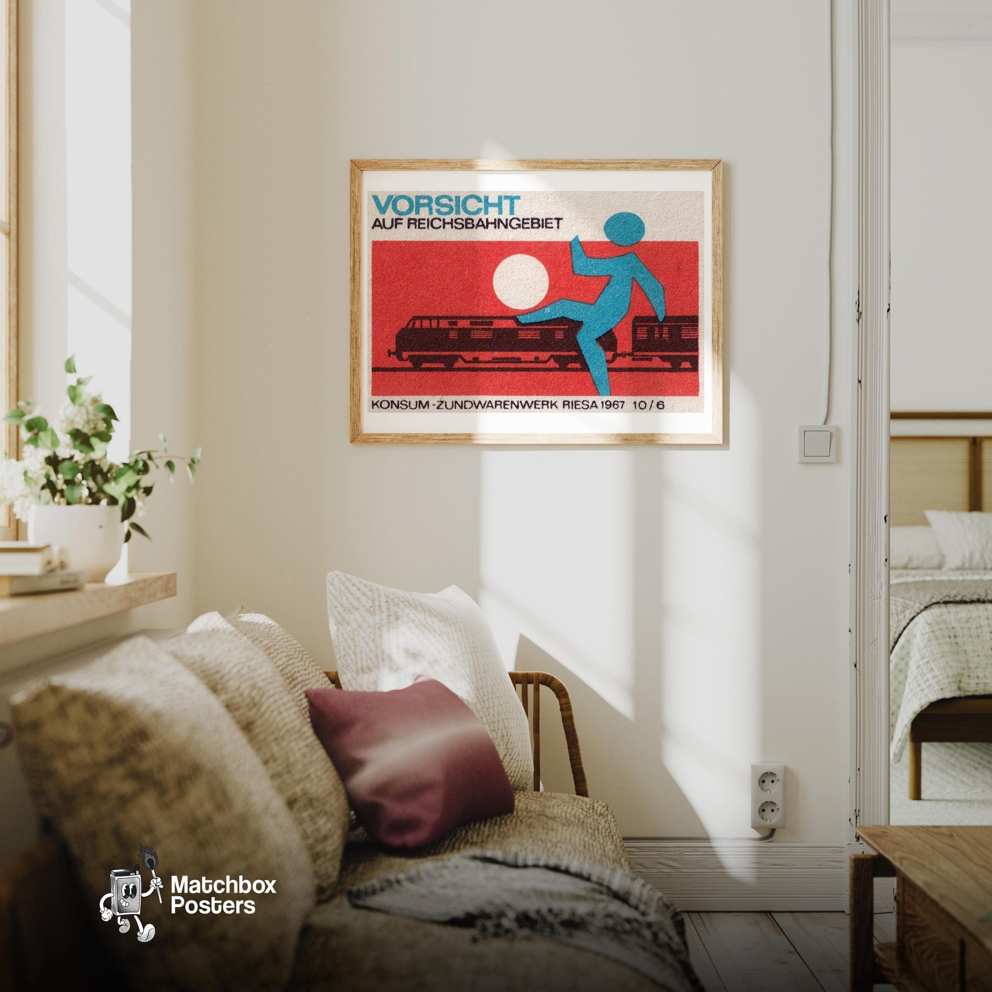 Train with Warning Figure - vintage matchbox label print - living room mockup