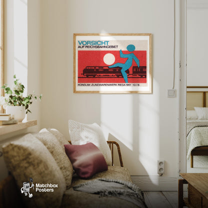 Train with Warning Figure - vintage matchbox label print - living room mockup