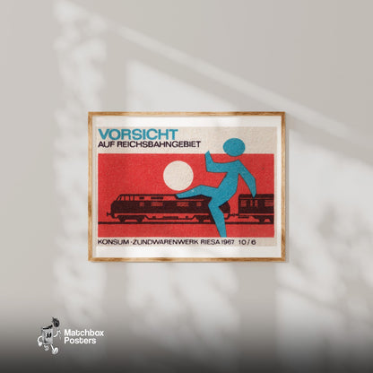 Train with Warning Figure - vintage matchbox label print - bedroom mockup