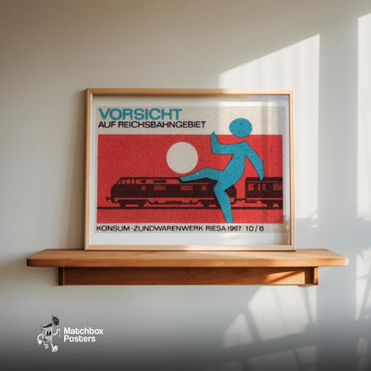 Train with Warning Figure - vintage matchbox label print - size comparison