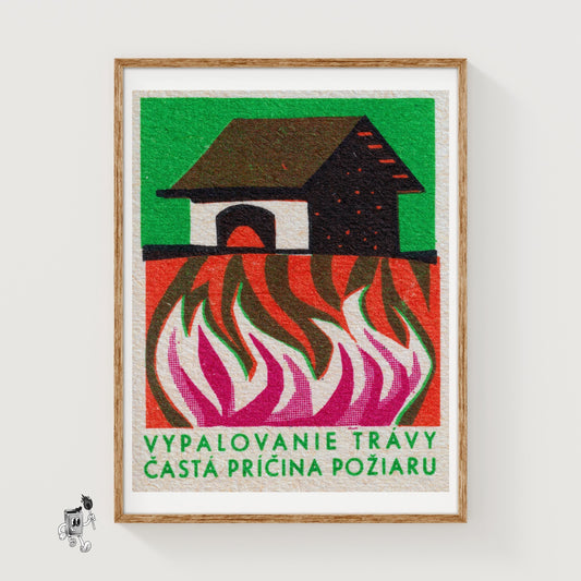 Burning Building - vintage matchbox label print