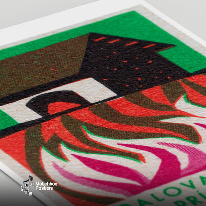 Burning Building - vintage matchbox label print - close-up detail
