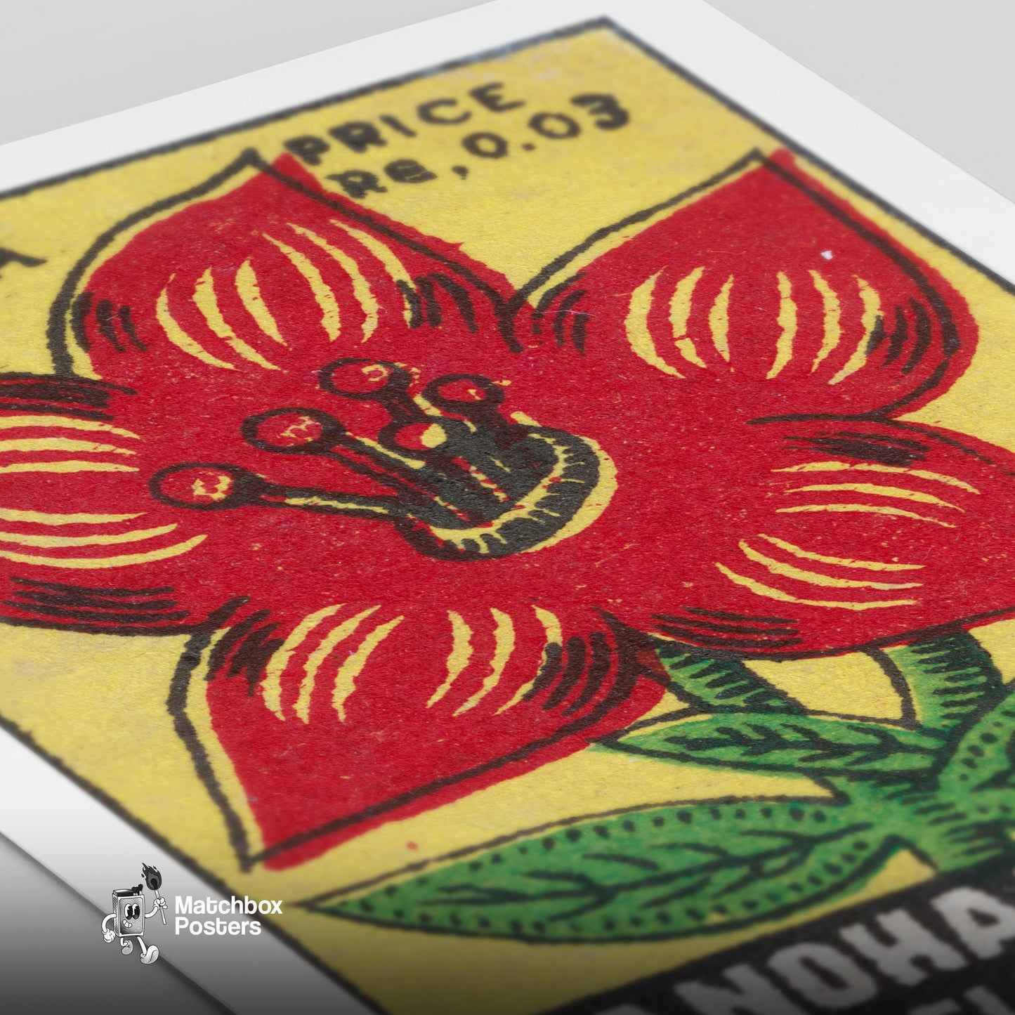 Red Flower - vintage matchbox label print - close-up detail