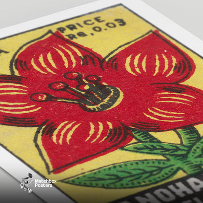 Red Flower - vintage matchbox label print - close-up detail