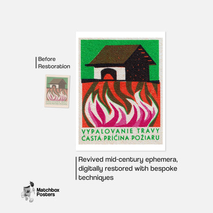 Burning Building - vintage matchbox label print - framed wall art preview