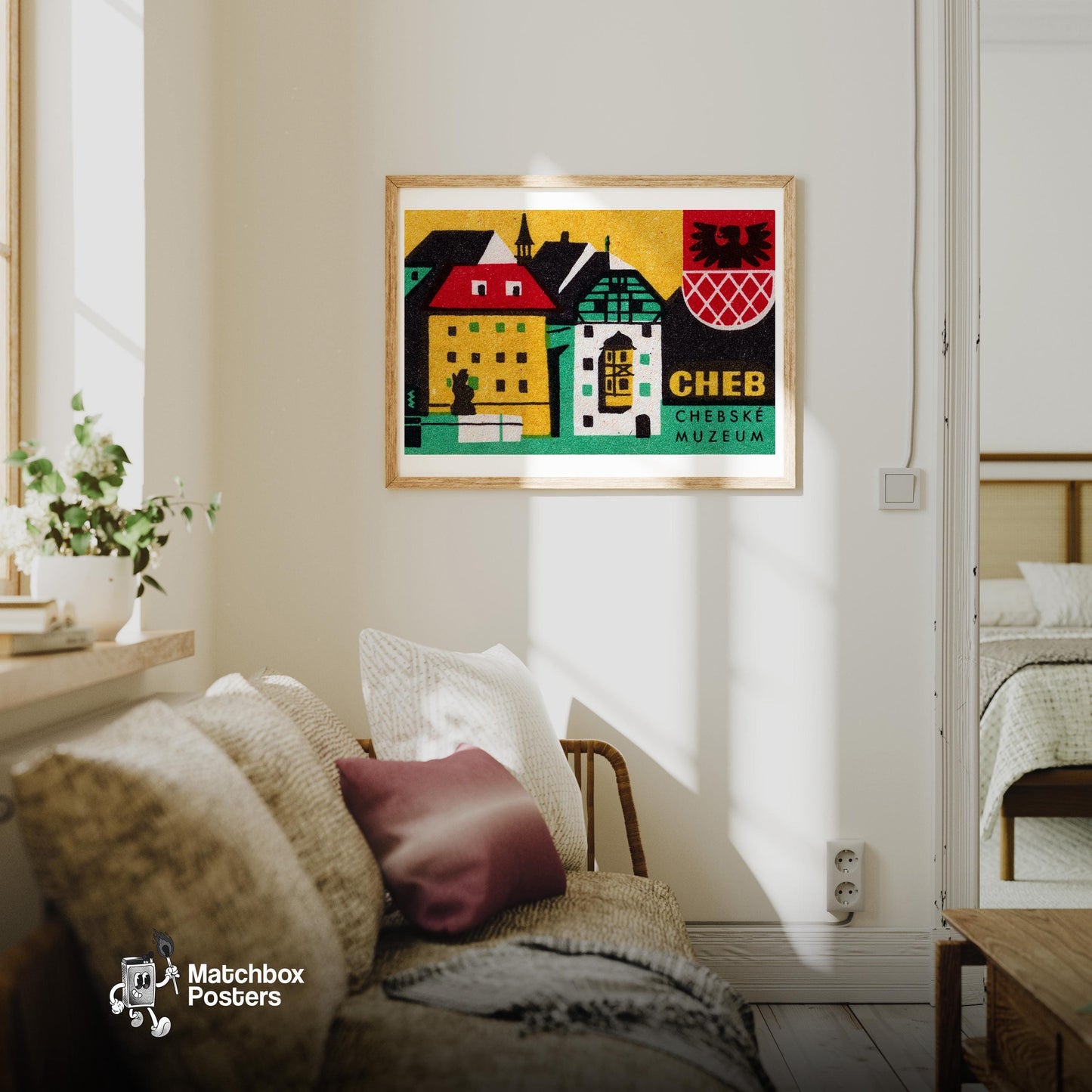 Chebske Museum - vintage matchbox label print - living room mockup