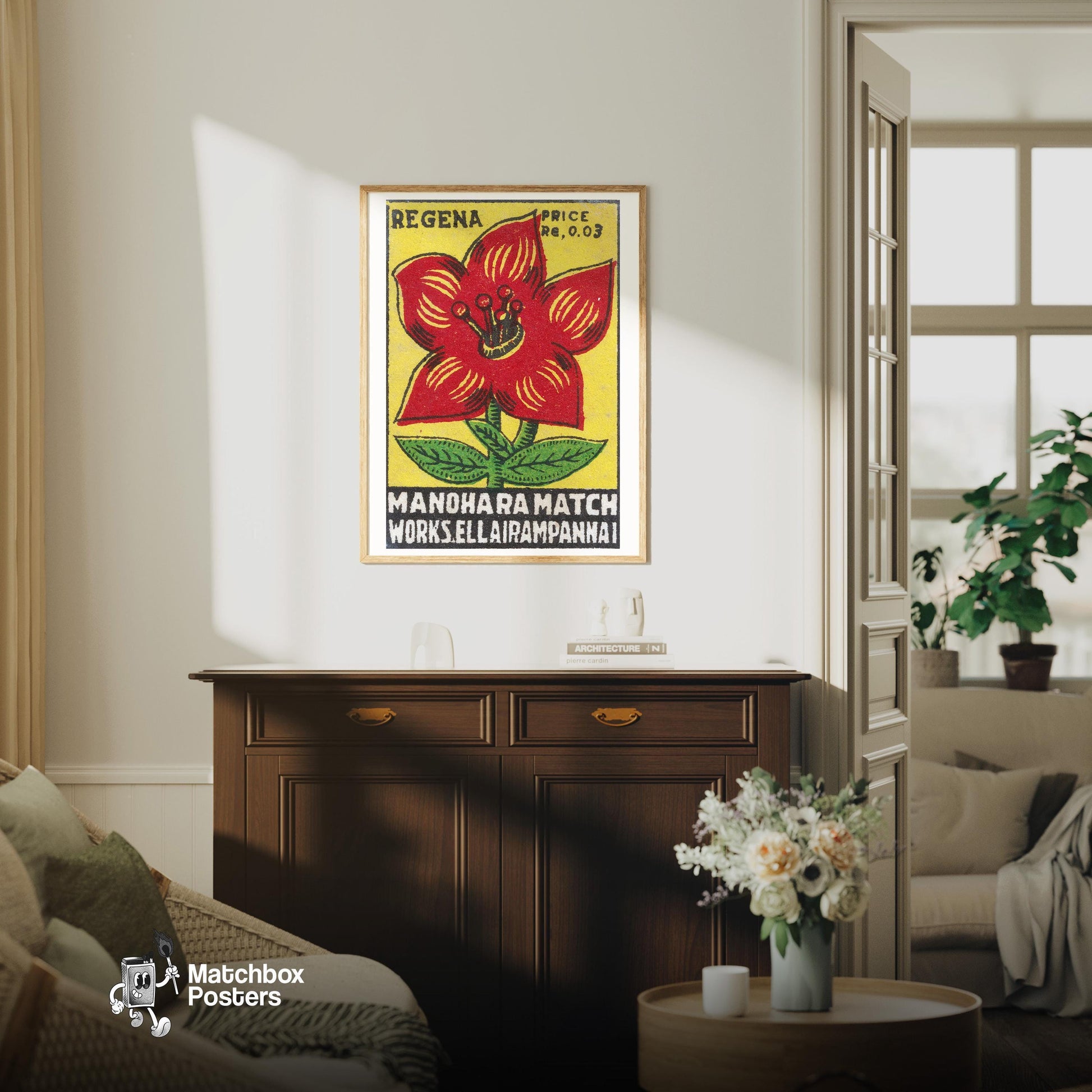 Red Flower - vintage matchbox label print - living room mockup