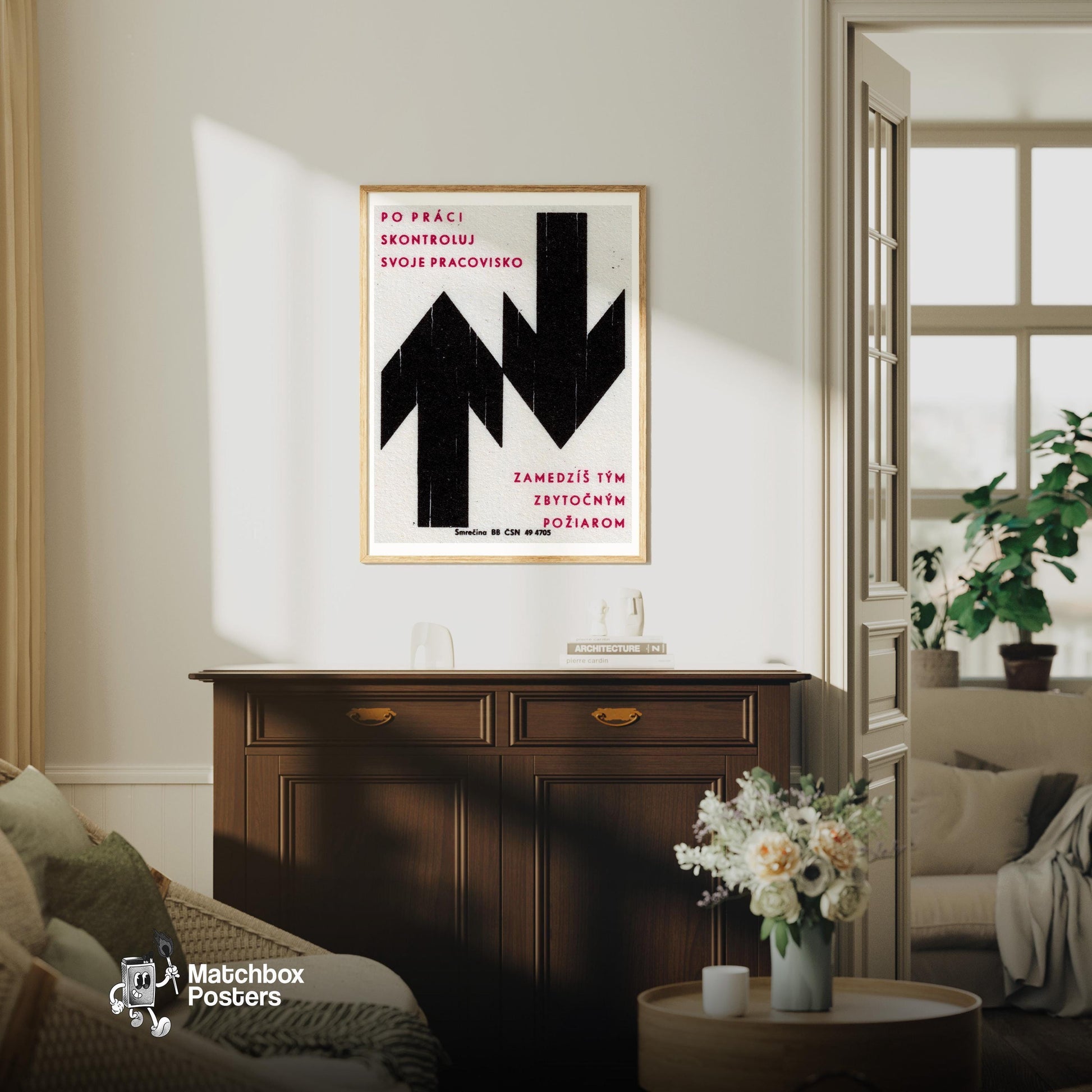 Check Workplace for Fire - vintage matchbox label print - living room mockup