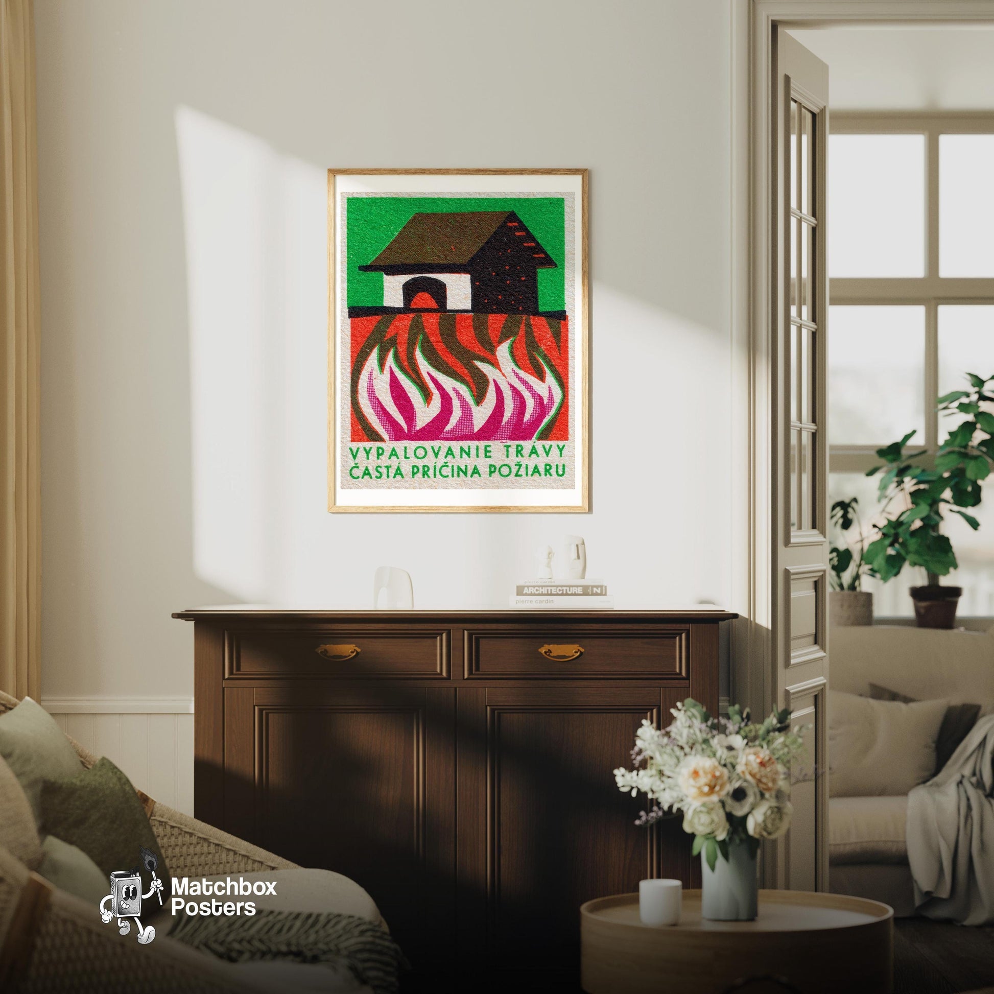 Burning Building - vintage matchbox label print - living room mockup