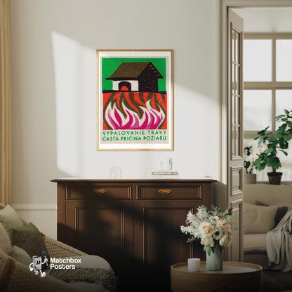 Burning Building - vintage matchbox label print - living room mockup