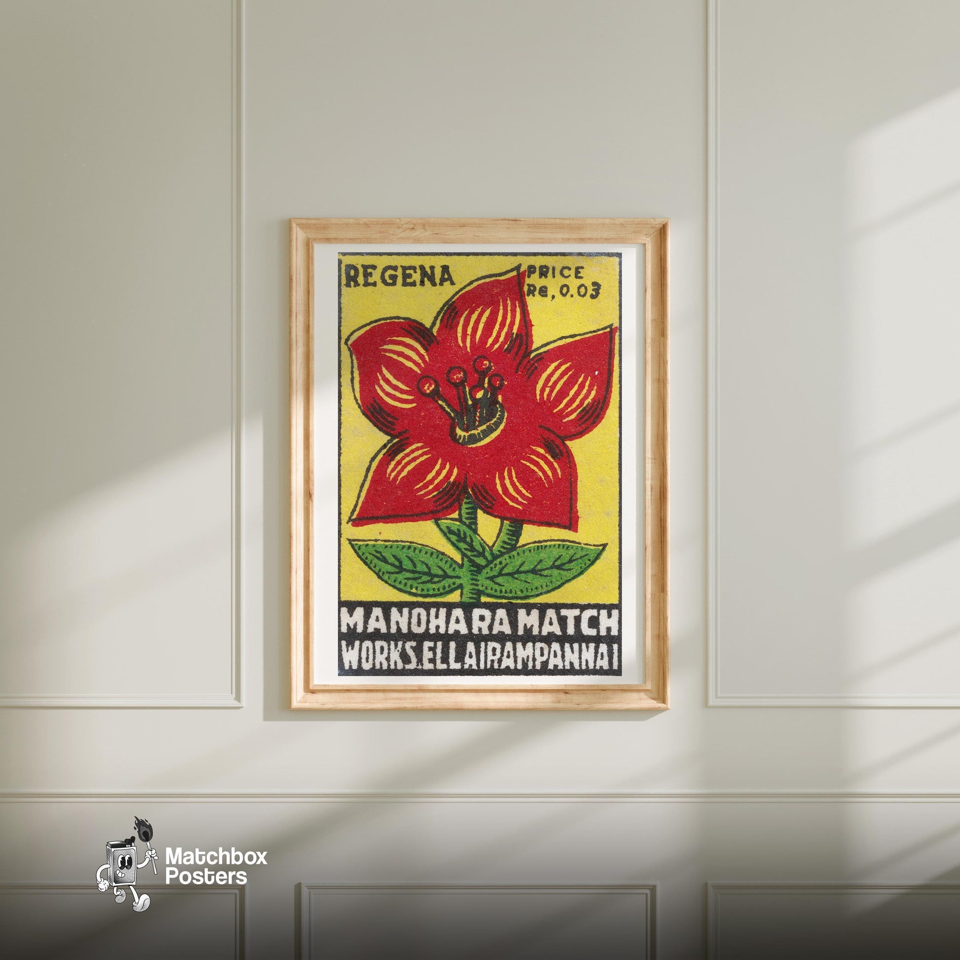 Red Flower - vintage matchbox label print - bedroom mockup