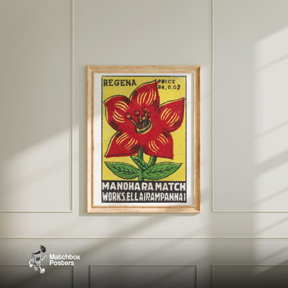 Red Flower - vintage matchbox label print - bedroom mockup