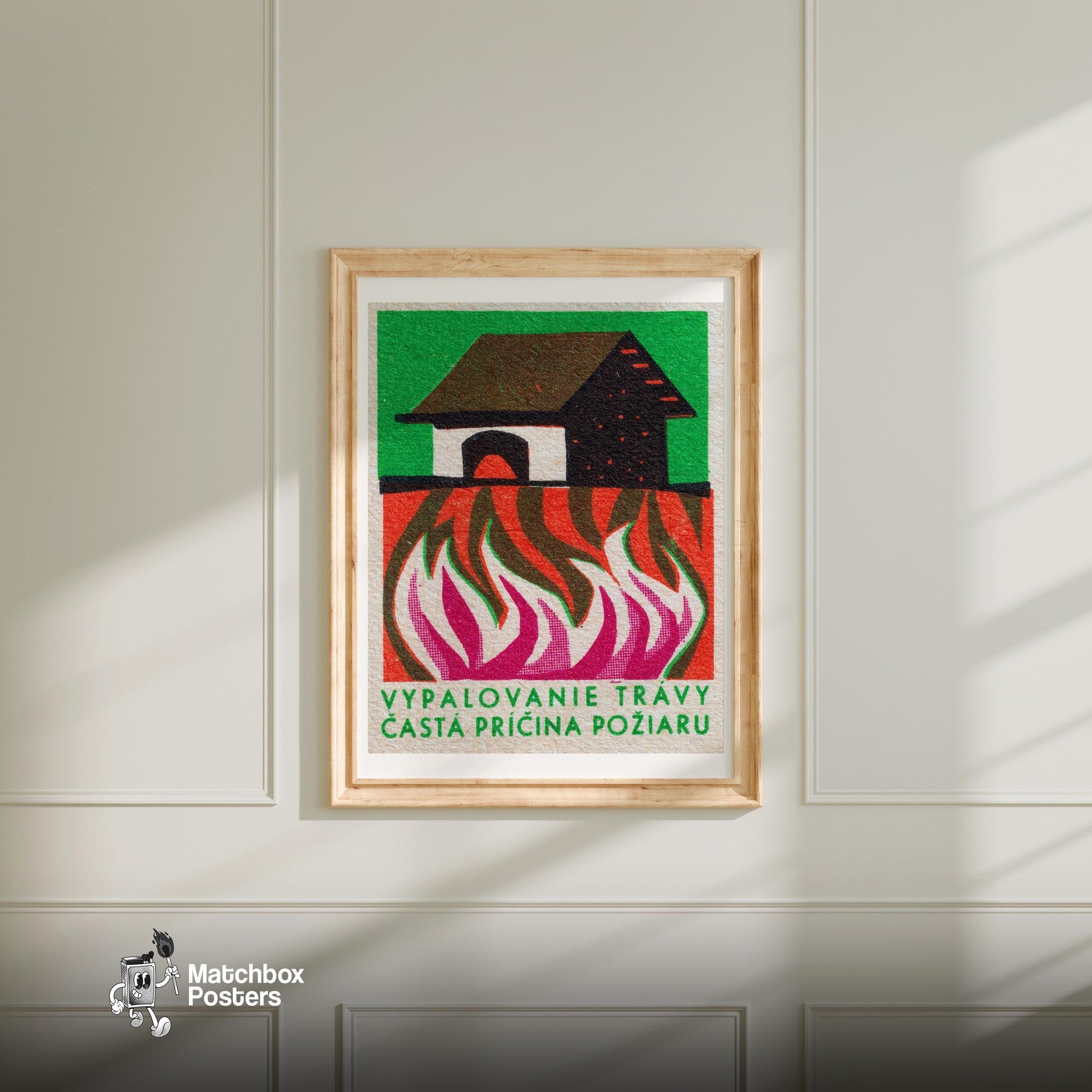 Burning Building - vintage matchbox label print - bedroom mockup
