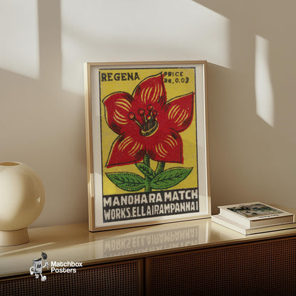Red Flower - vintage matchbox label print - size comparison