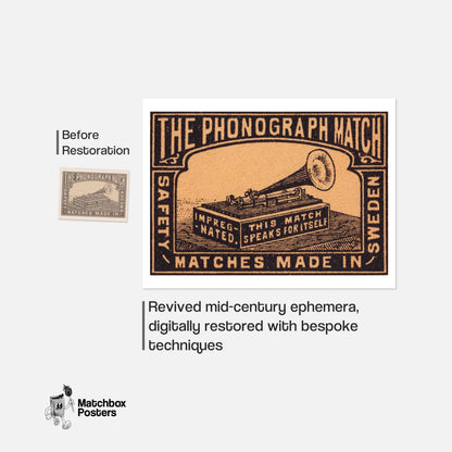 Phonograph - vintage matchbox label print - framed wall art preview