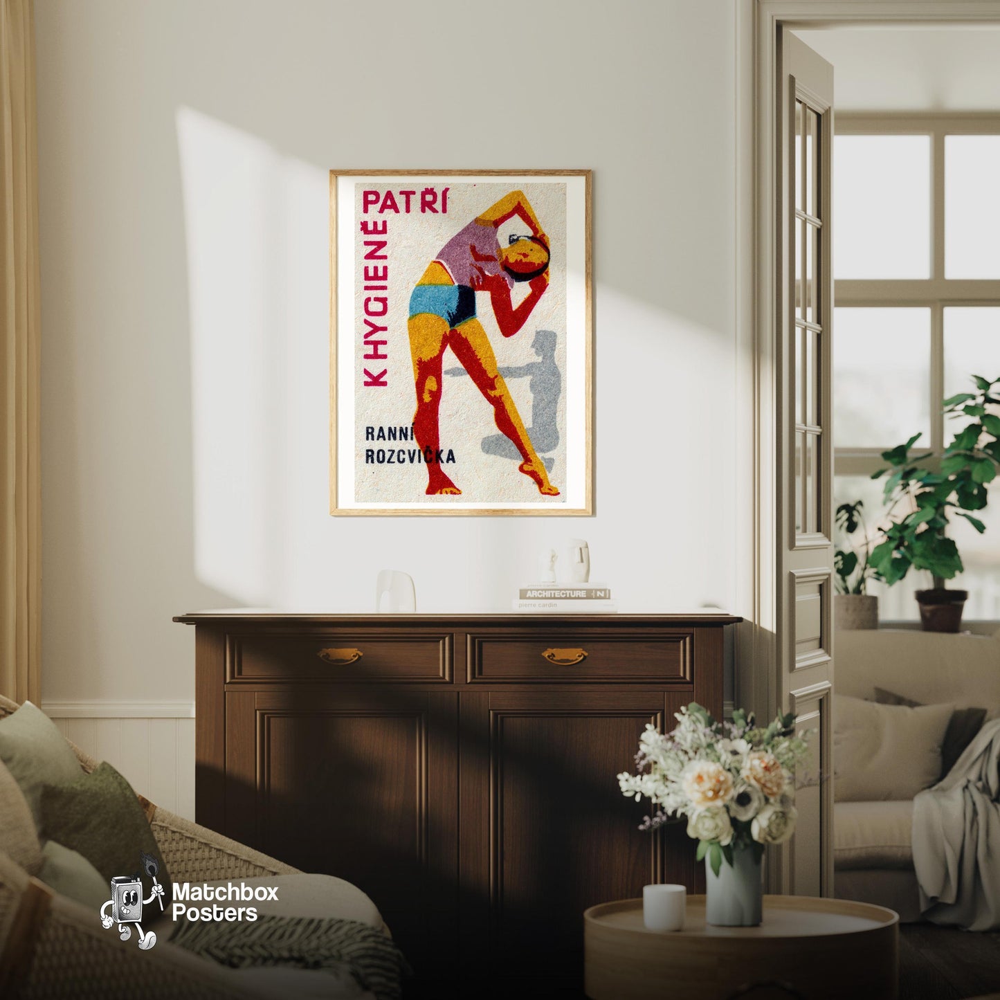 Woman Stretching - vintage matchbox label print - living room mockup