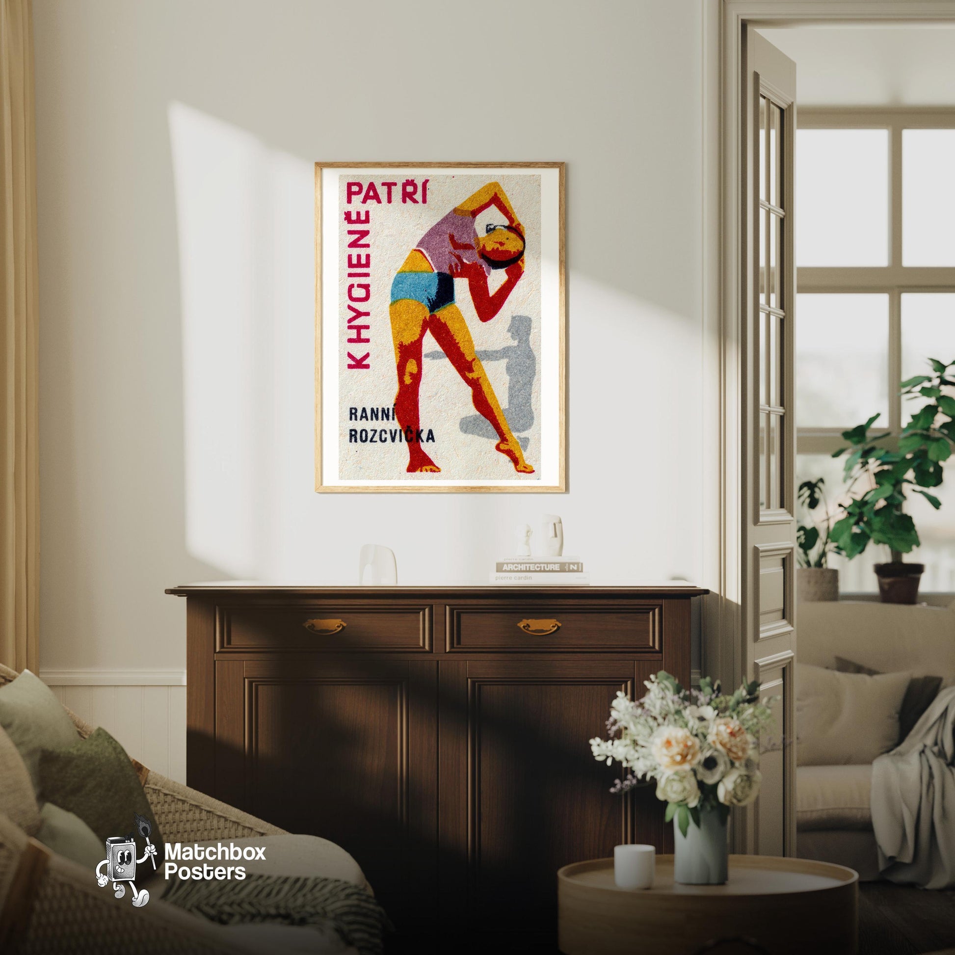 Woman Stretching - vintage matchbox label print - living room mockup