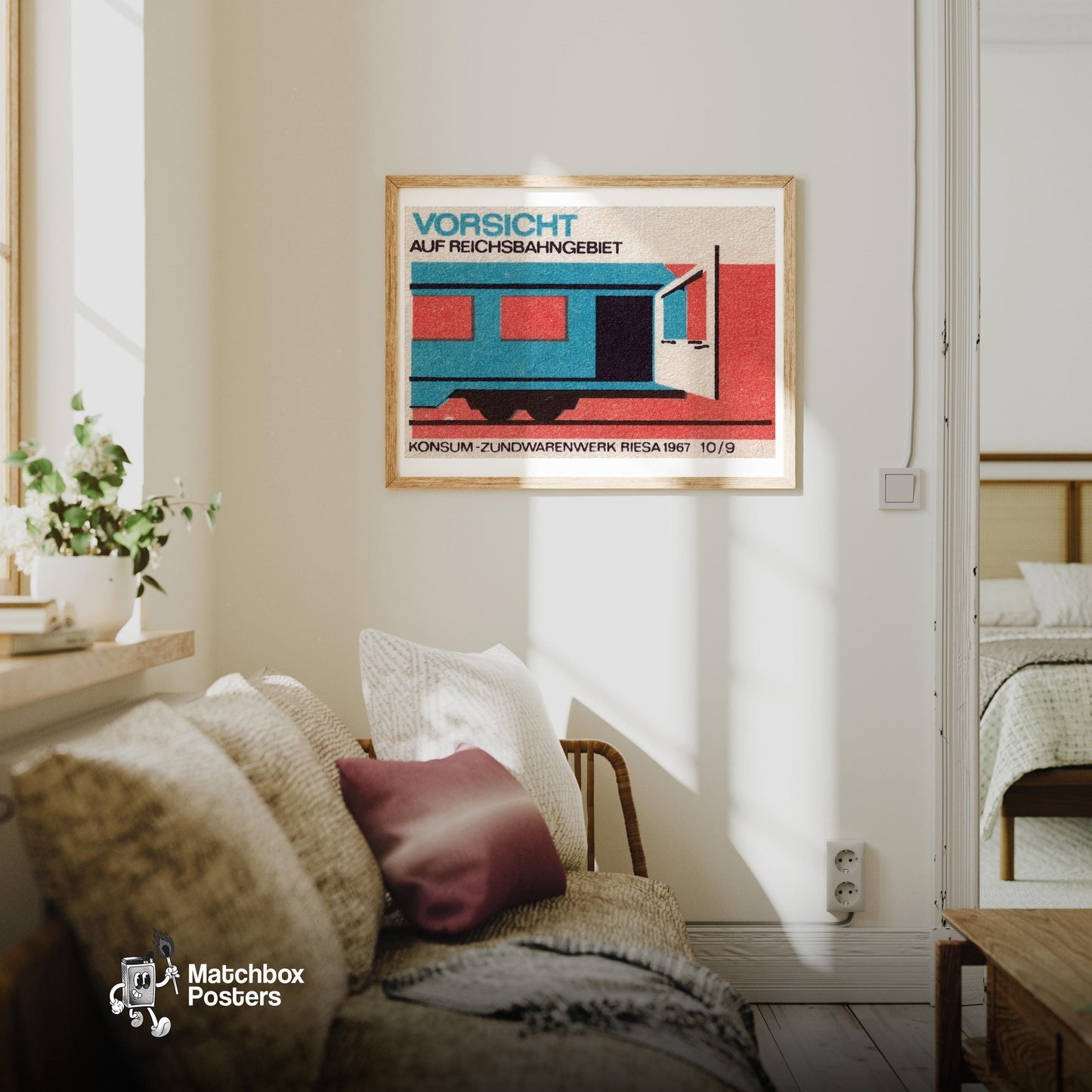 Train Car - vintage matchbox label print - living room mockup
