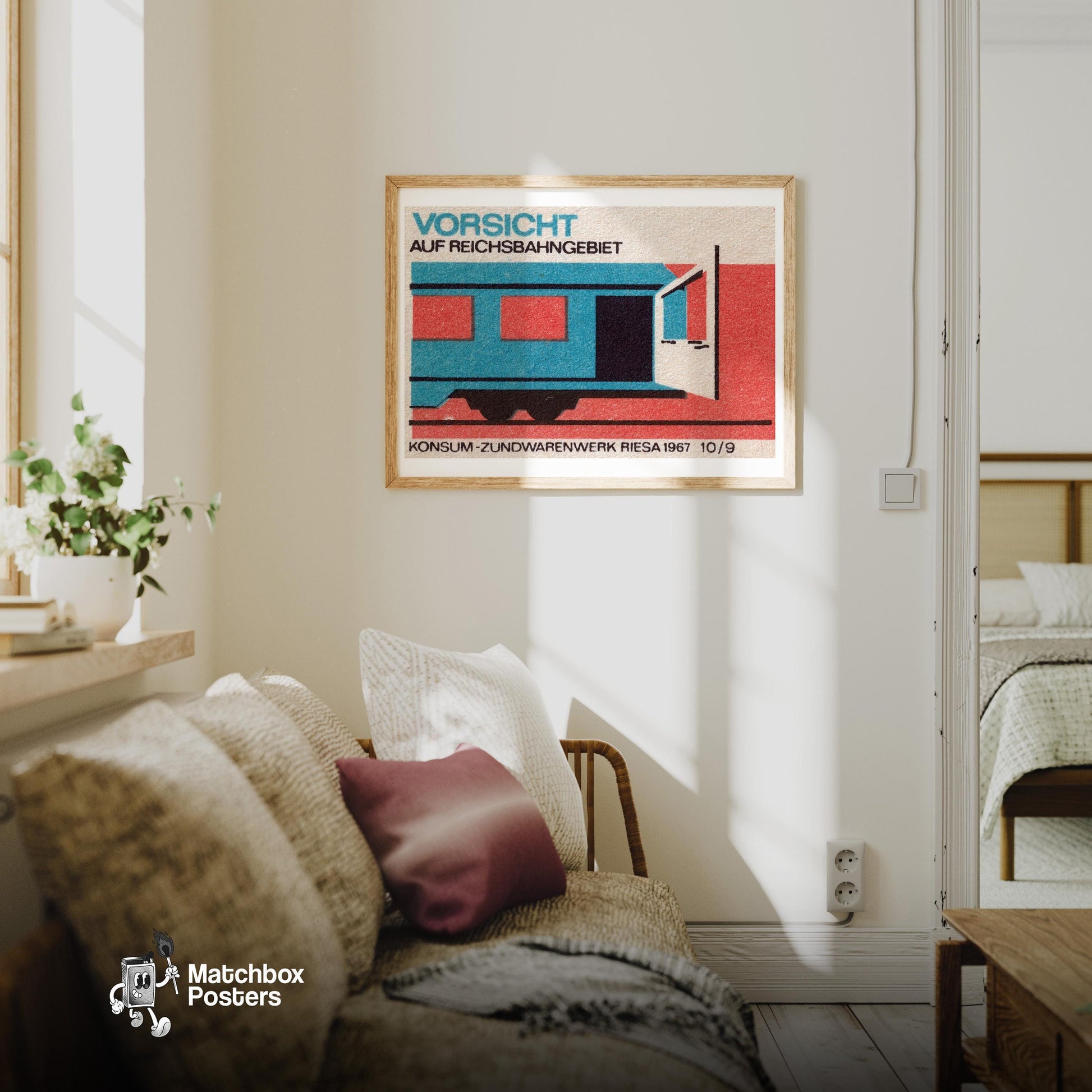 Train Car - vintage matchbox label print - living room mockup