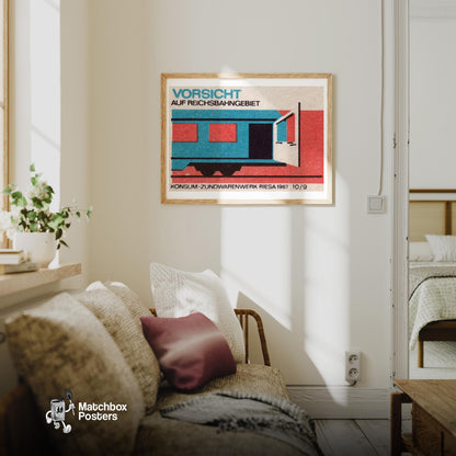 Train Car - vintage matchbox label print - living room mockup