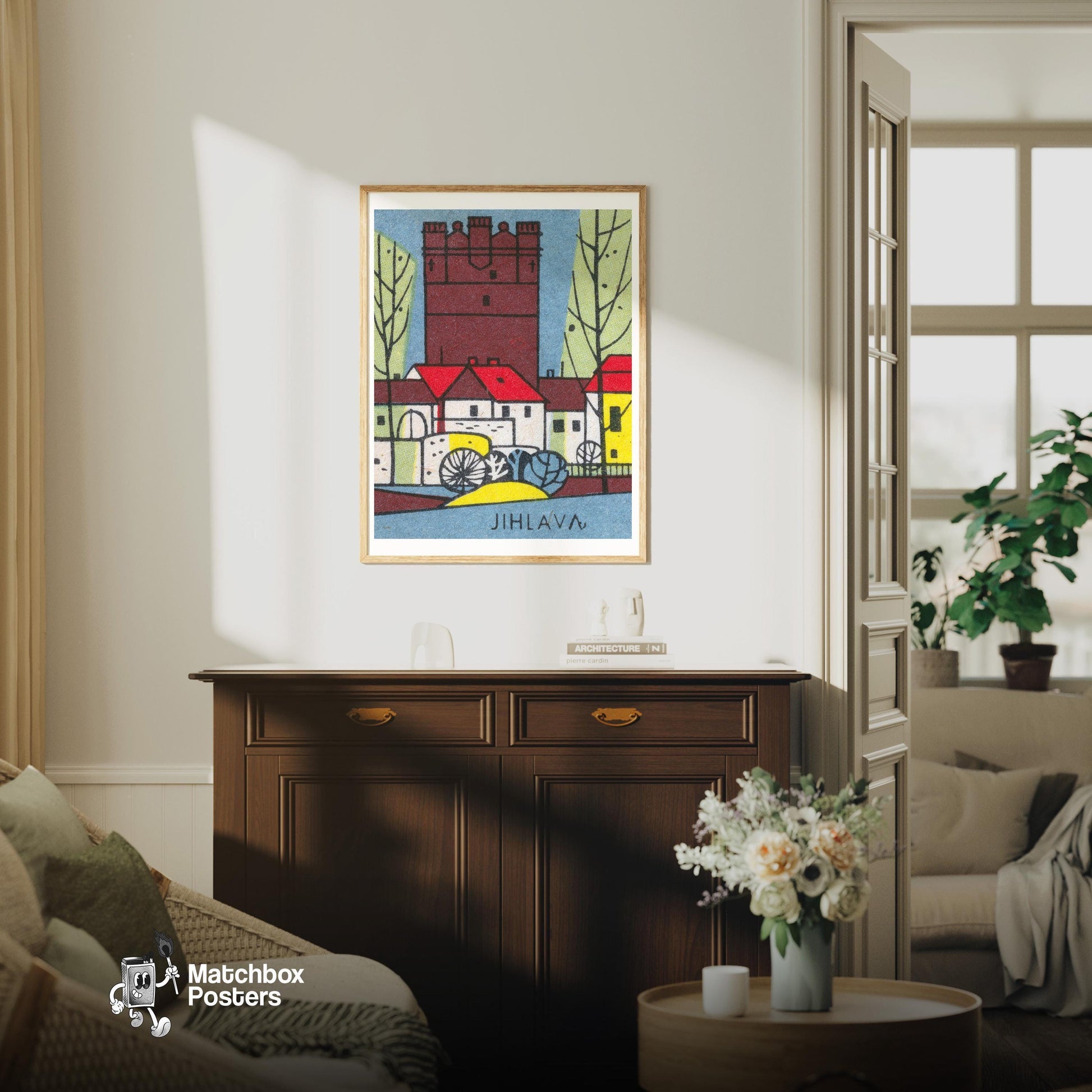 Red Castle Tower - vintage matchbox label print - living room mockup