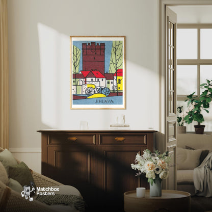 Red Castle Tower - vintage matchbox label print - living room mockup