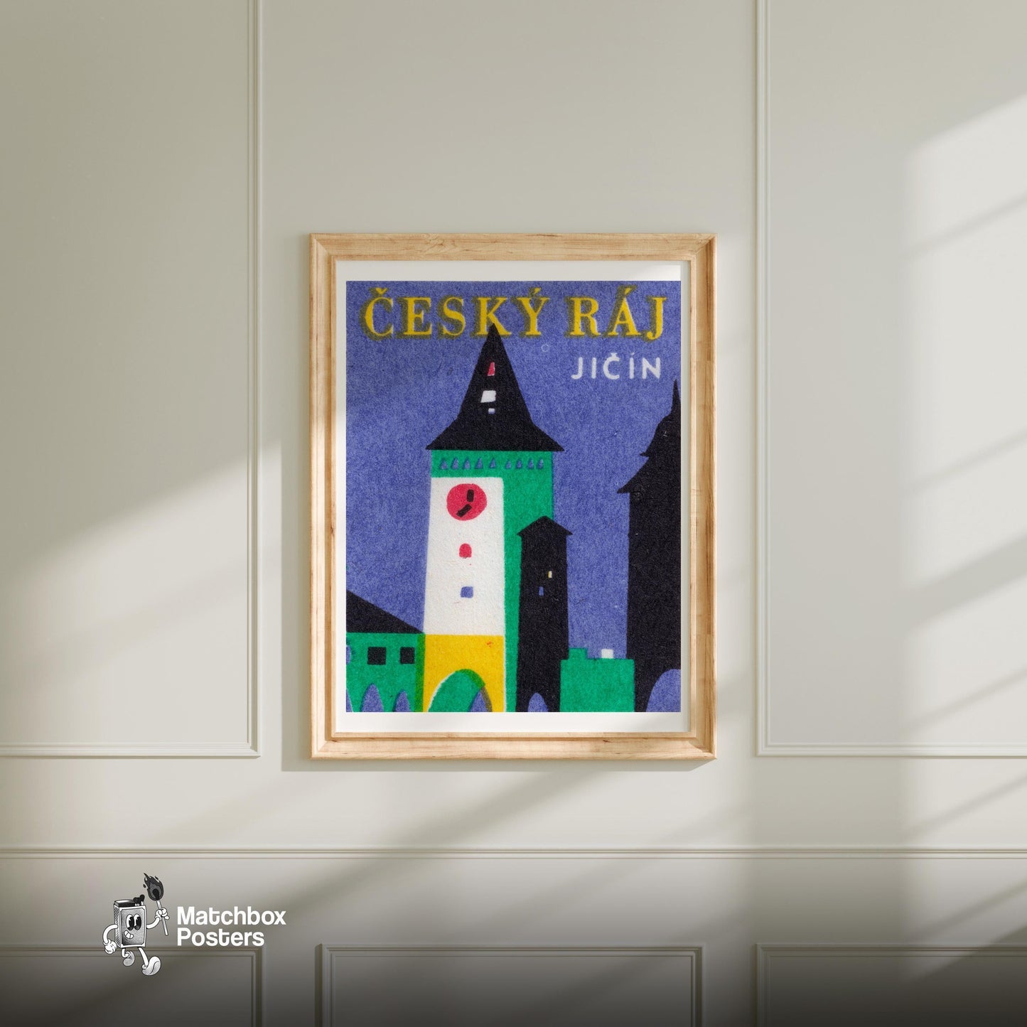 Clock Tower - vintage matchbox label print - bedroom mockup