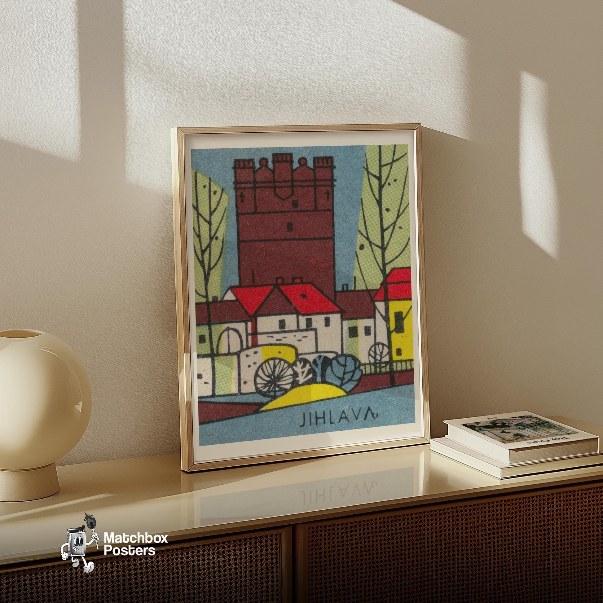 Red Castle Tower - vintage matchbox label print - size comparison