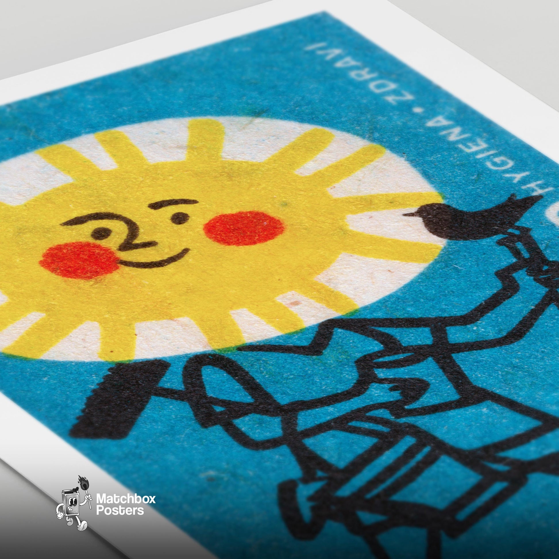 Sun Face with Broom - vintage matchbox label print - close-up detail