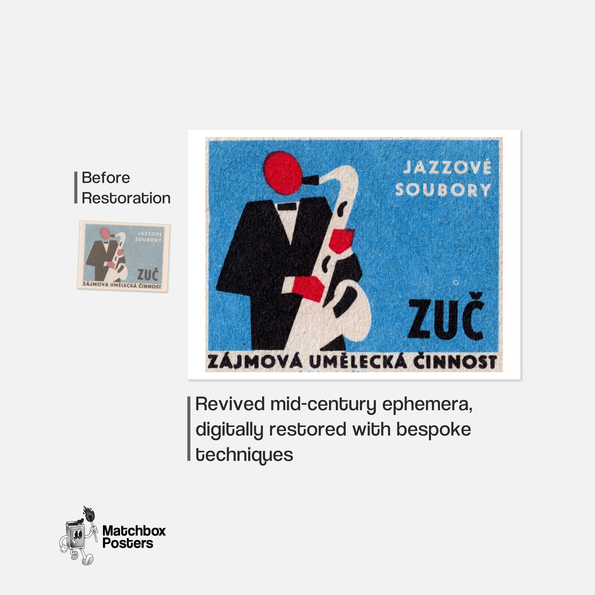 Saxophone Player - vintage matchbox label print - framed wall art preview