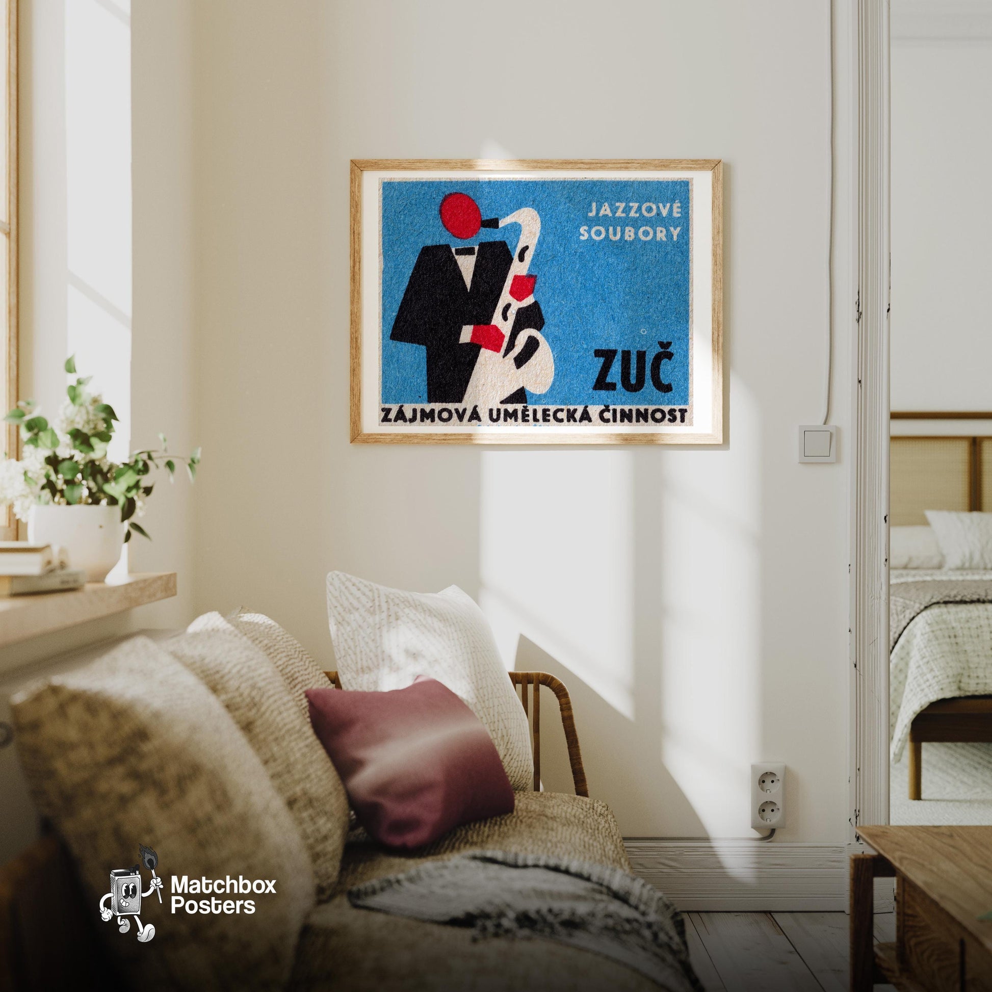 Saxophone Player - vintage matchbox label print - living room mockup