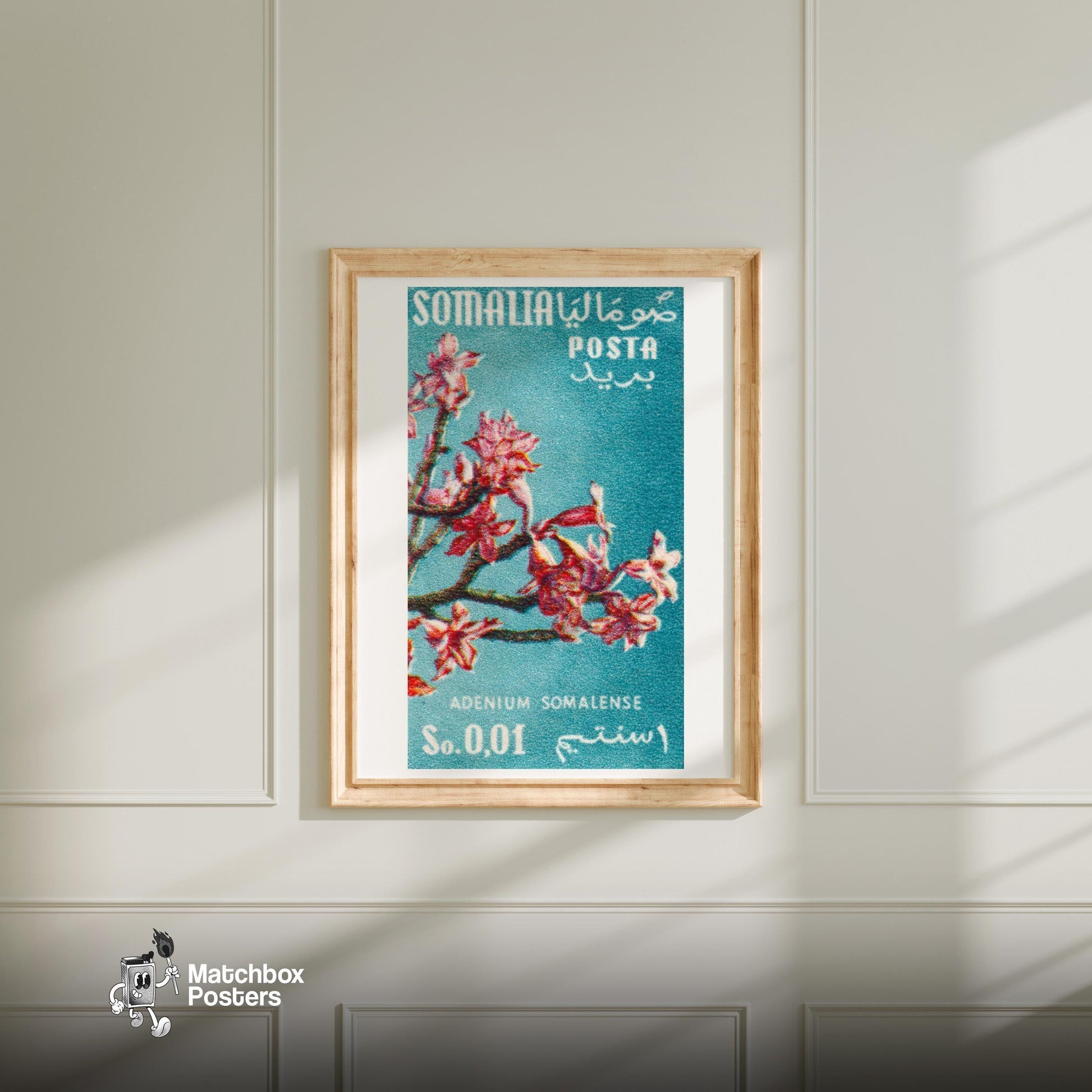 Adenium Flower - vintage matchbox label print - bedroom mockup
