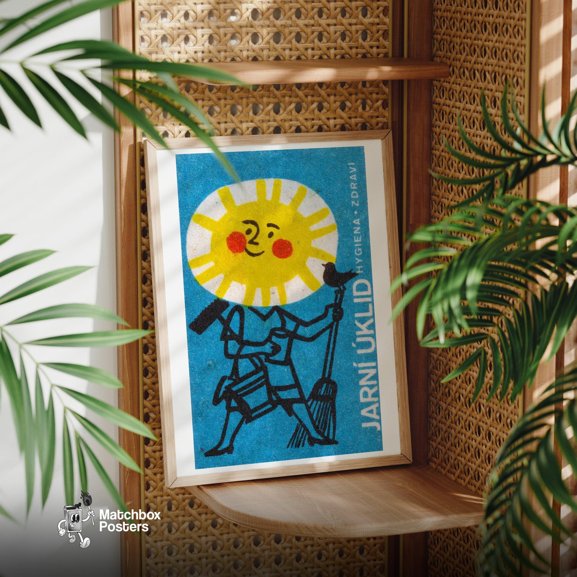 Sun Face with Broom - vintage matchbox label print - office wall