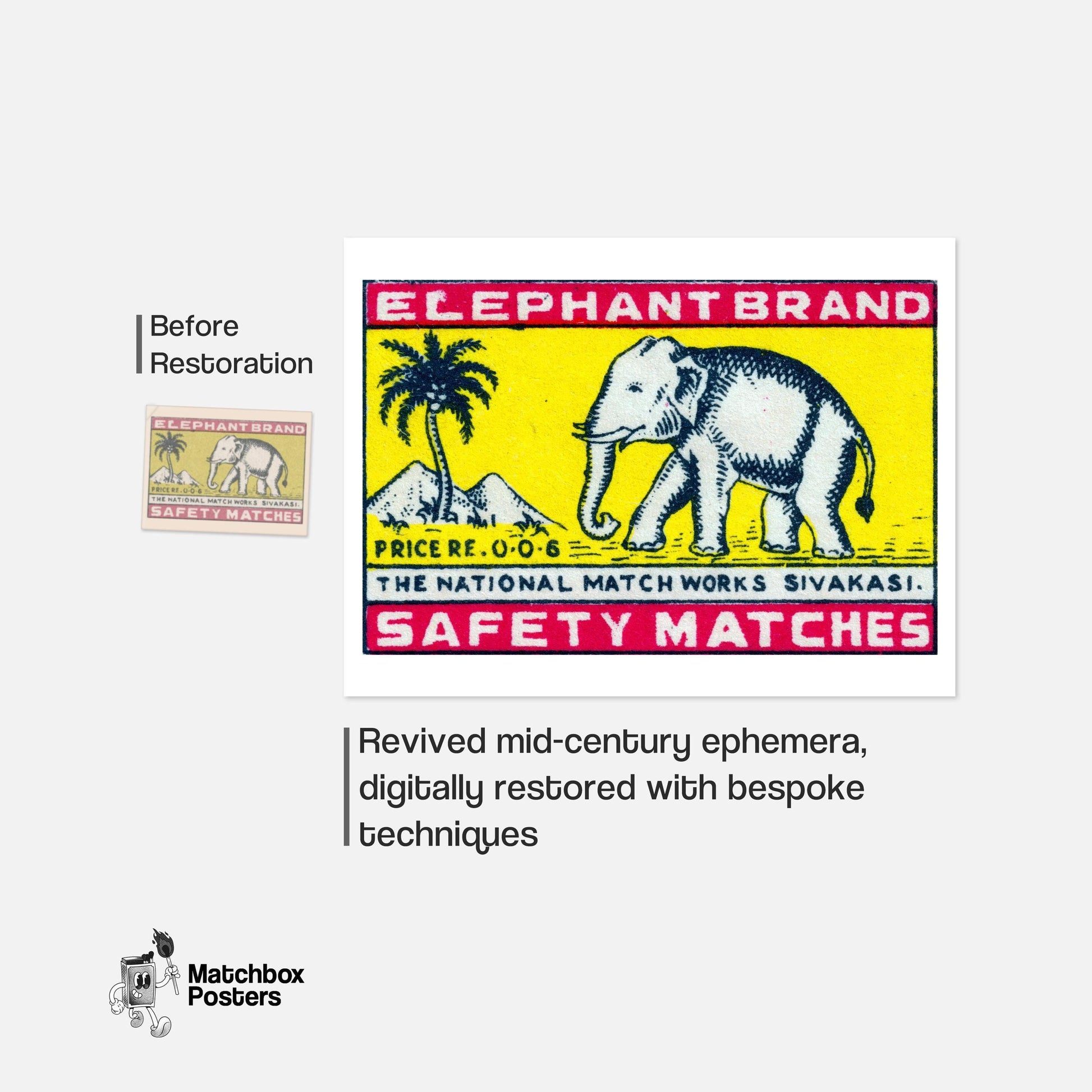Elephant Brand - vintage matchbox label print - framed wall art preview