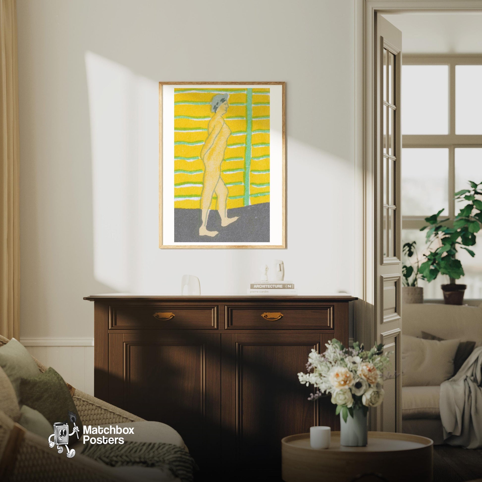 Walking Woman - vintage matchbox label print - living room mockup