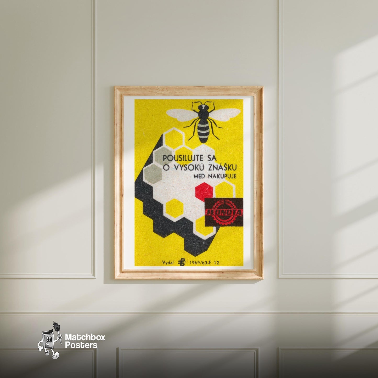 Bee and Honeycomb - vintage matchbox label print - bedroom mockup