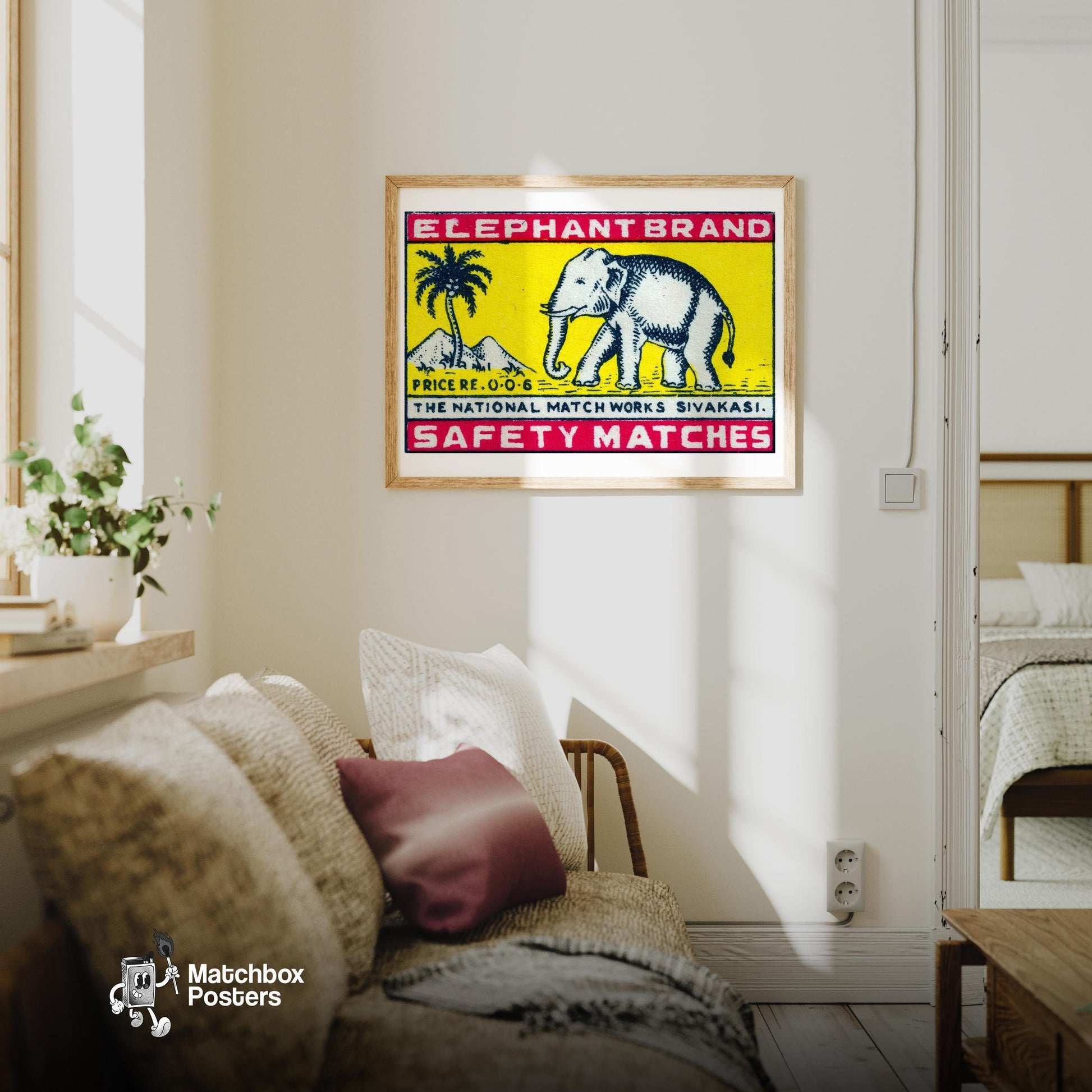 Elephant Brand - vintage matchbox label print - living room mockup
