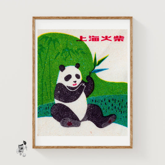 Panda Eating Bamboo - vintage matchbox label print