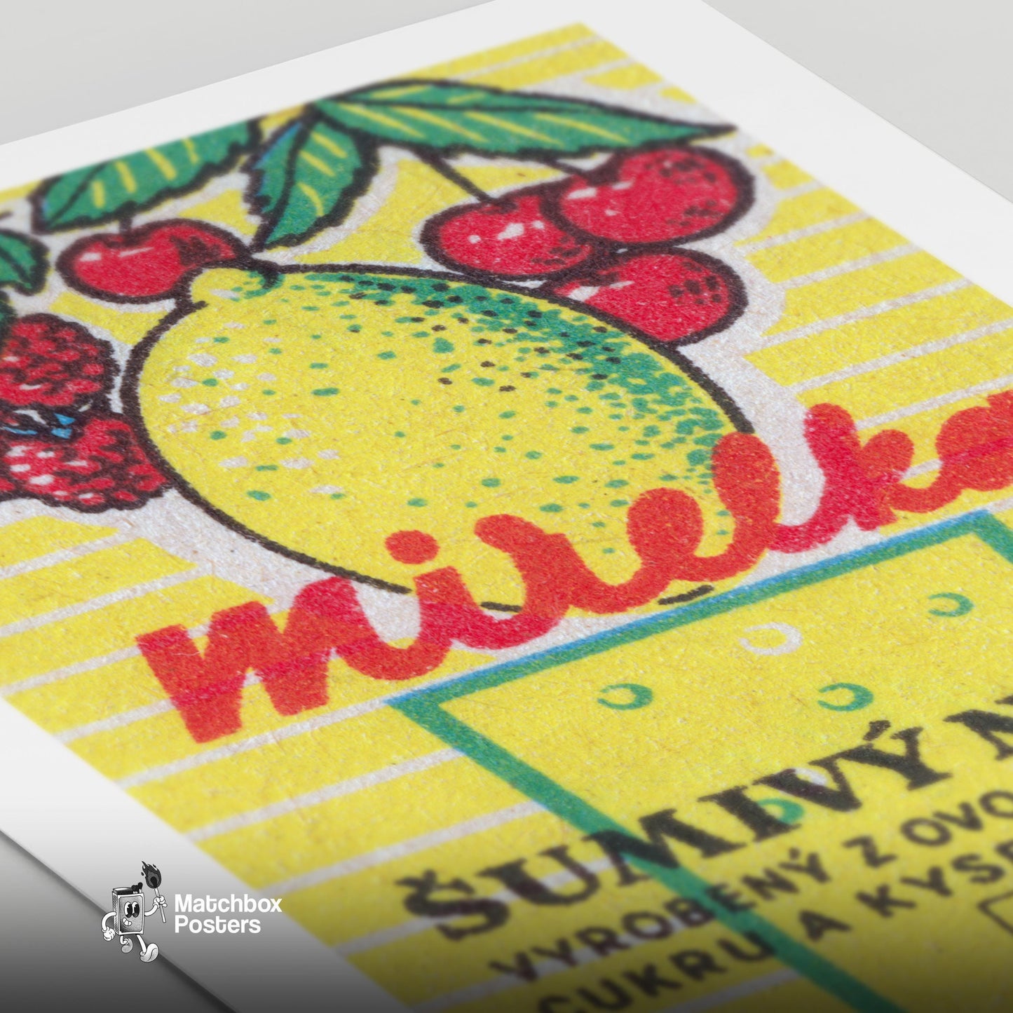Lemon, Raspberry, Cherry - vintage matchbox label print - close-up detail