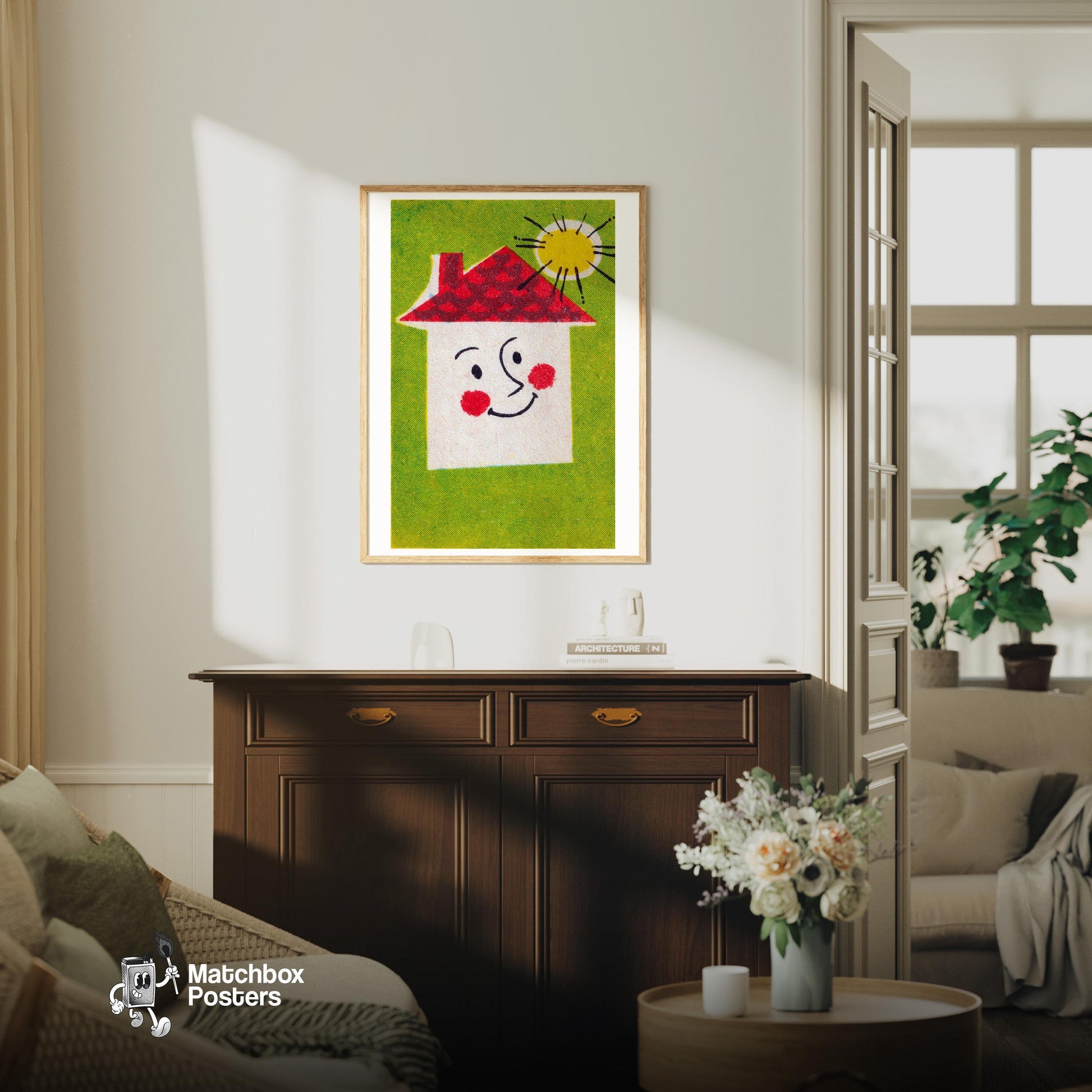 Smiling House - vintage matchbox label print - living room mockup