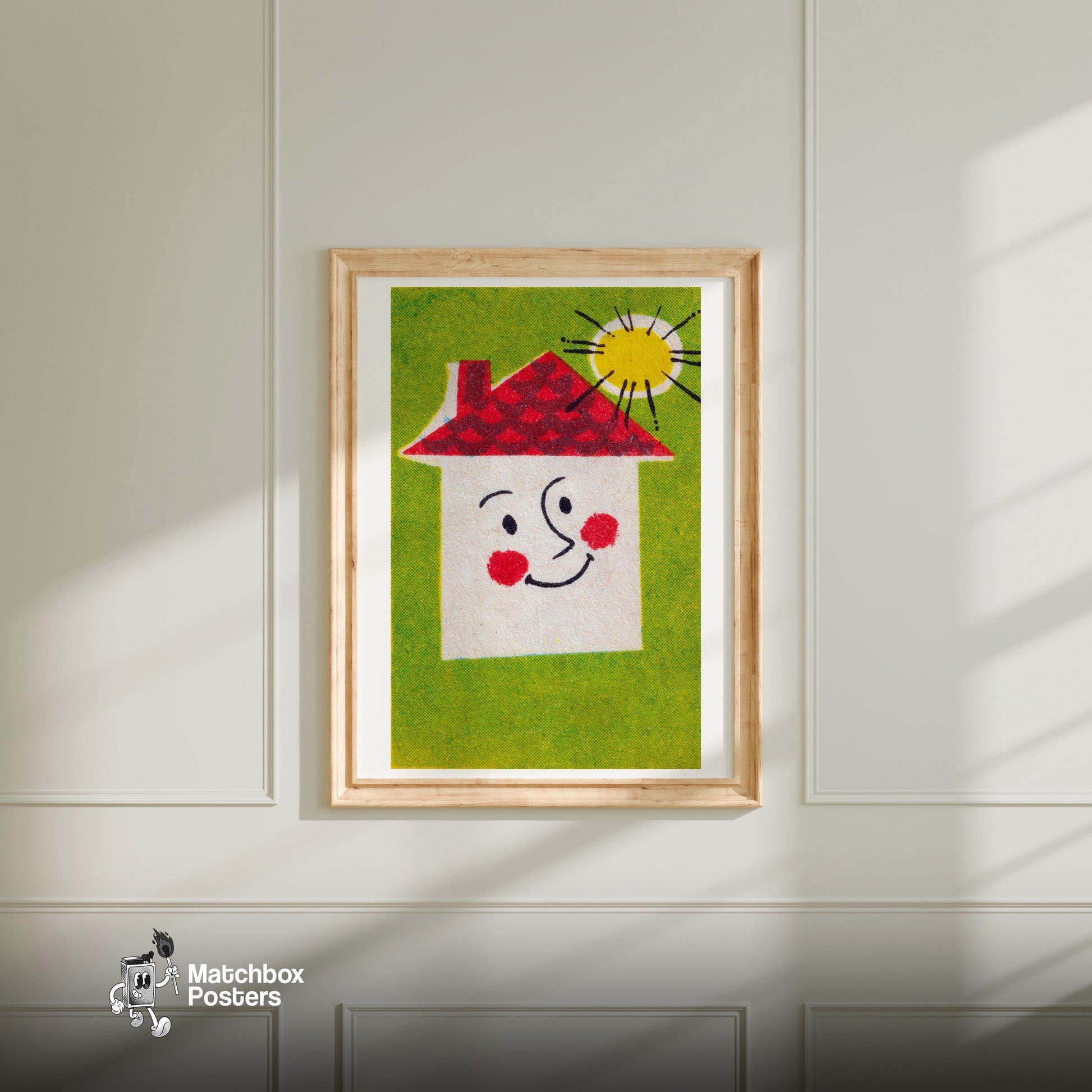 Smiling House - vintage matchbox label print - bedroom mockup