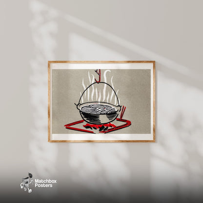 Cooking over a Camp Fire - vintage matchbox label print - bedroom mockup