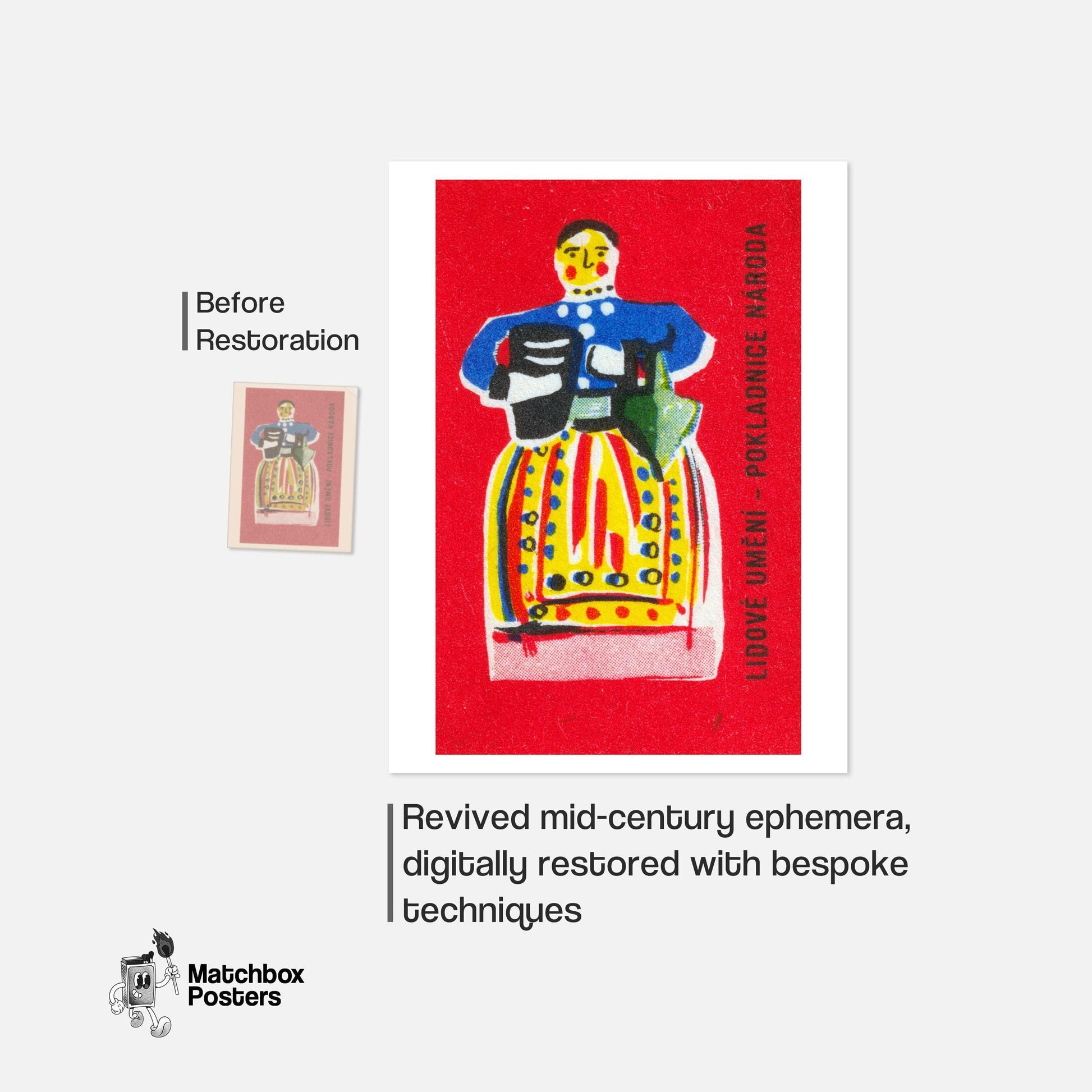 Folk Woman - vintage matchbox label print - framed wall art preview