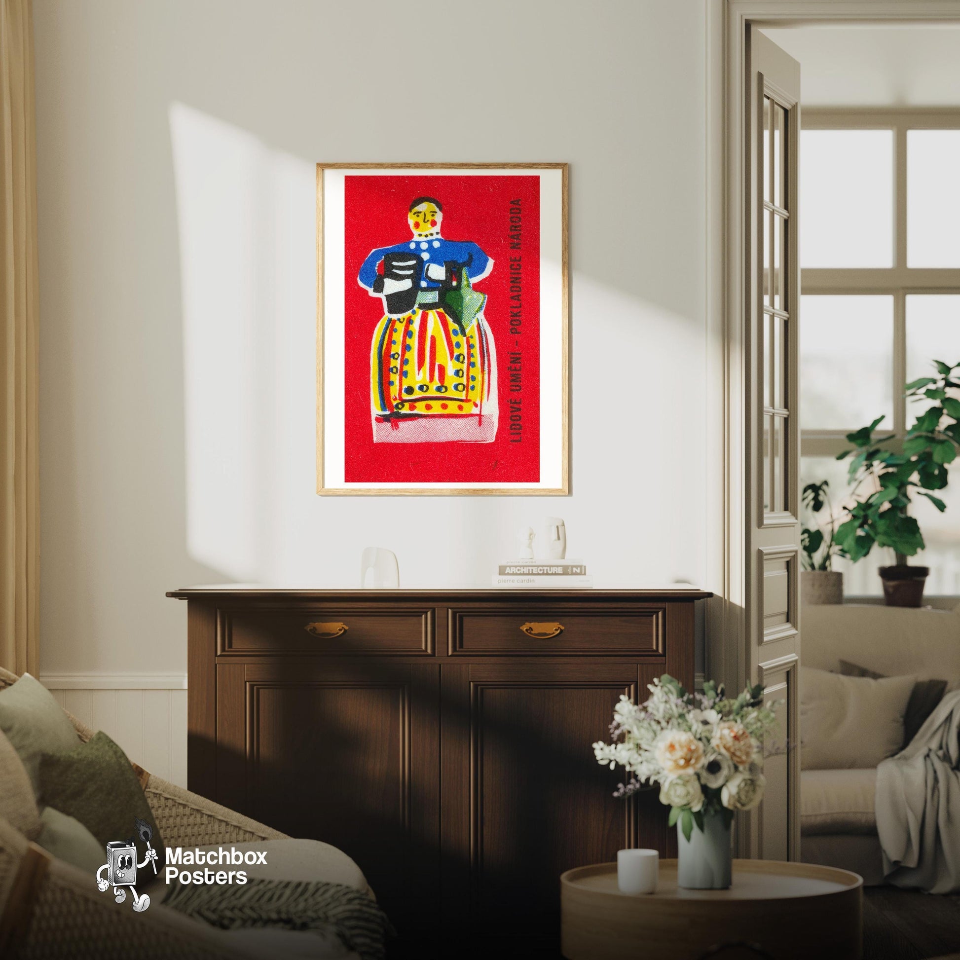 Folk Woman - vintage matchbox label print - living room mockup