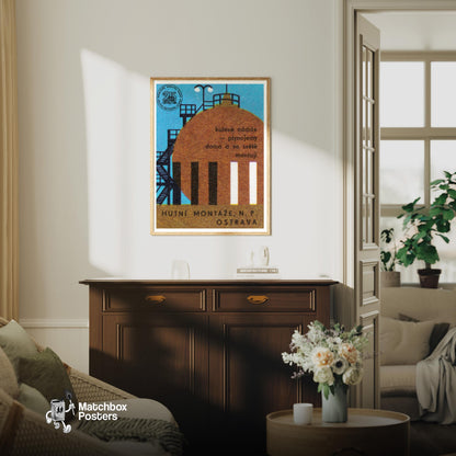 Industrial Gas Storage Tank - vintage matchbox label print - living room mockup