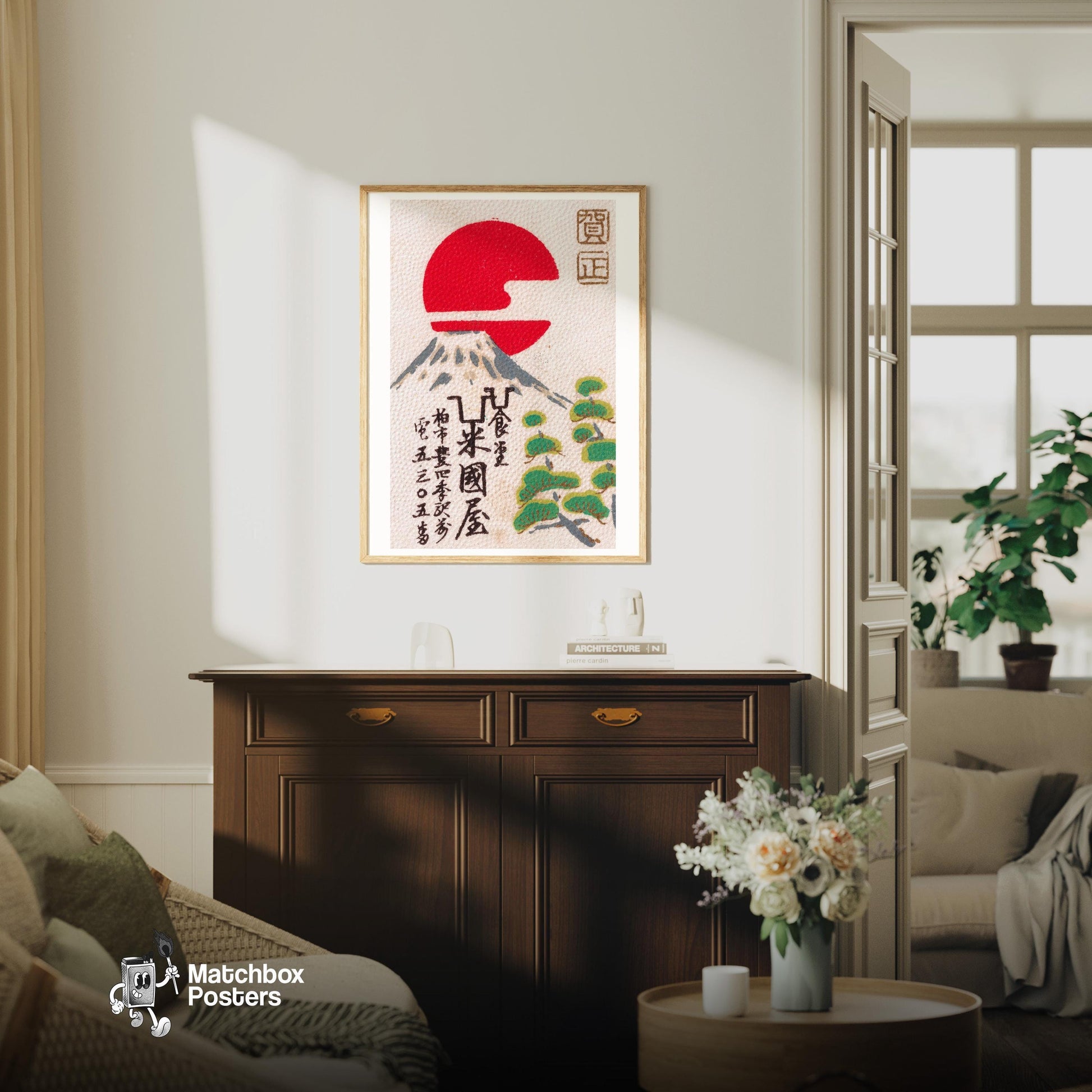 Mount Fuji Sunset - vintage matchbox label print - living room mockup
