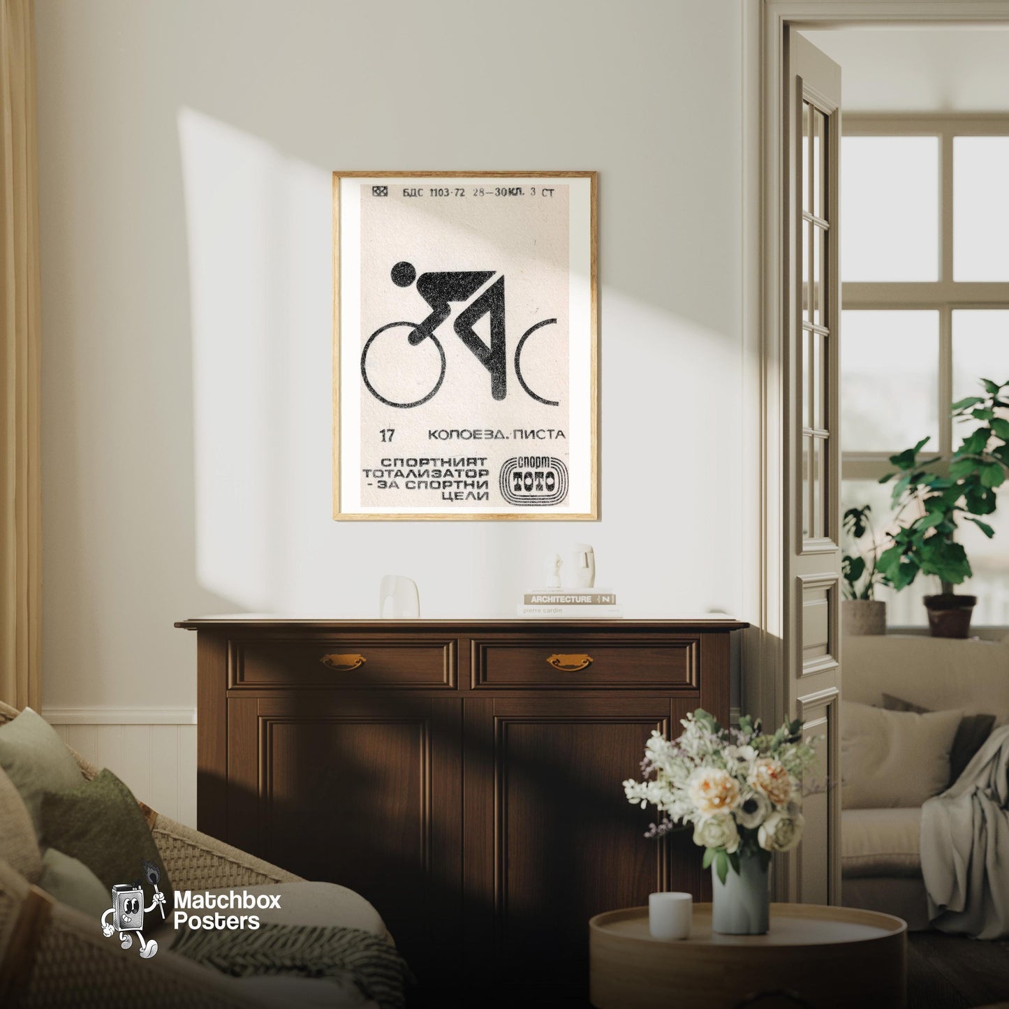 Cyclist - vintage matchbox label print - living room mockup