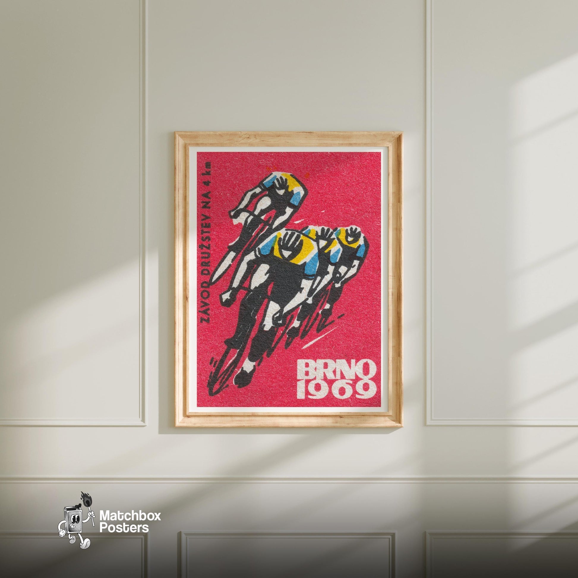 Track Cycling World Championship Brno - vintage matchbox label print - bedroom mockup