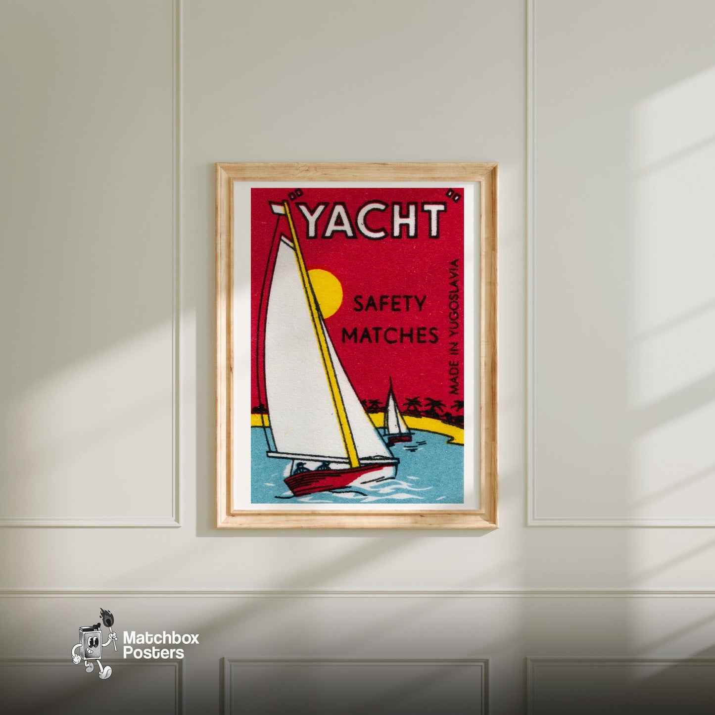 Sailing Yacht - vintage matchbox label print - bedroom mockup